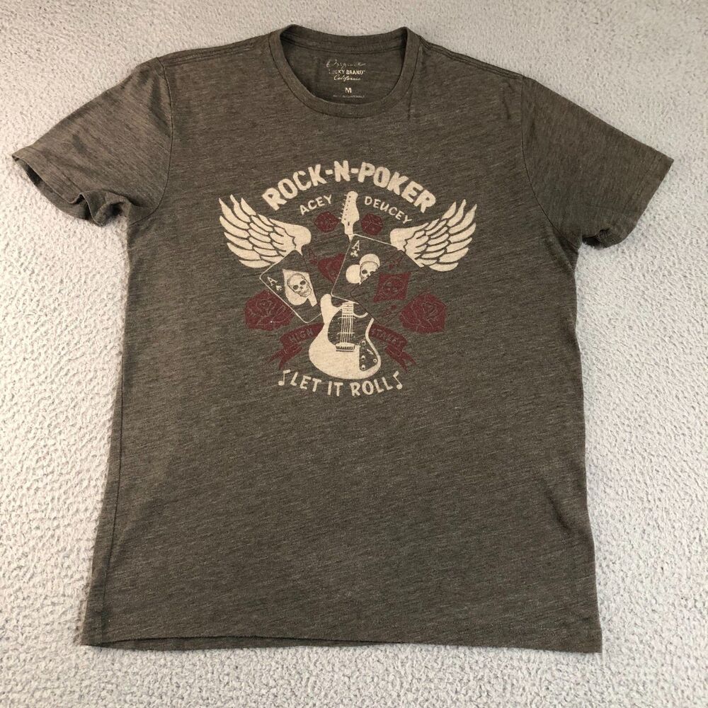 Lucky Brand Shirt Mens Medium Gray Rock N Porker Tattoo Art Skull Graphic Tee